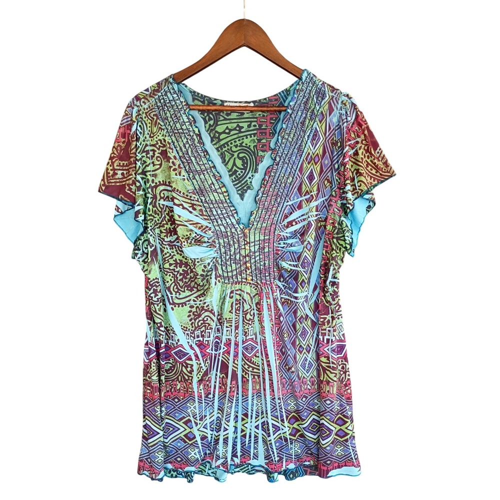 Unity World Wear Top 2X Paisley Geometric V-Neck Smocked Tunic boho turquoise